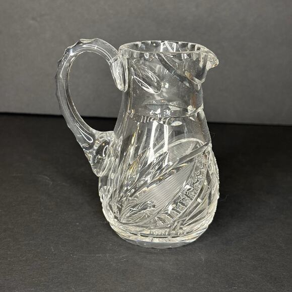 Vintage Leaded Crystal Creamer Mini Pitcher Cut Glass Leaves Fan 4.25" Quality - Picture 1 of 7